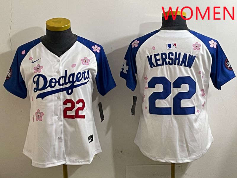 Women Los Angeles Dodgers #22 Kershaw White Blue Sakura Edition 2025 Nike MLB Jersey style 4
